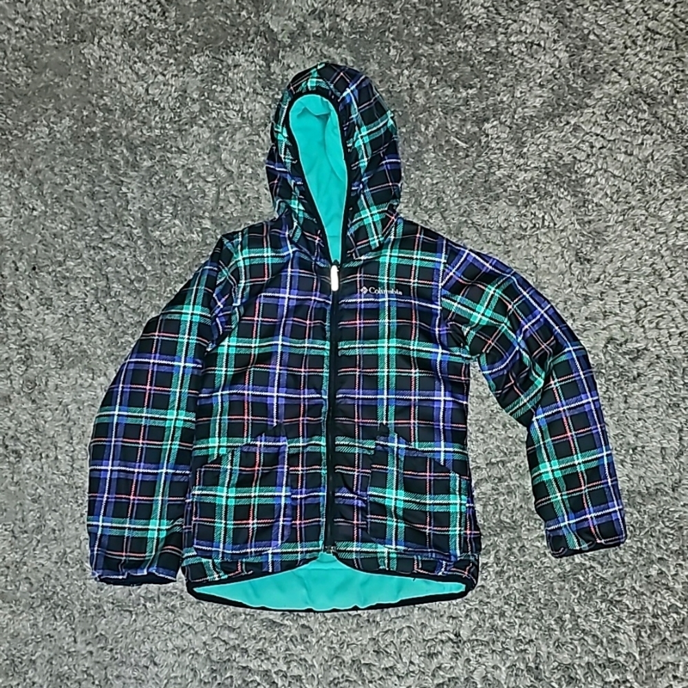 Size 10/12 youth Columbia reversible puffer coat  plaid multi color